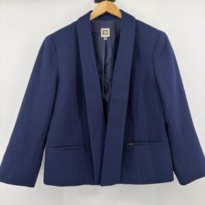 Anne Klein Navy Blue Textured Blazer Jacket Shawl Collar Open Front Womens M